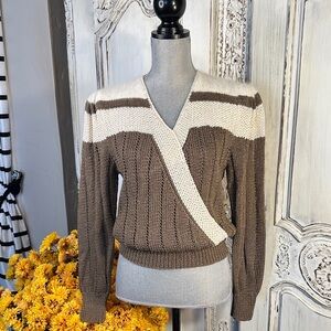 NWT Nannell Brown and Cream V-Neck Hand Knit Wool and Angora Blend Sweater